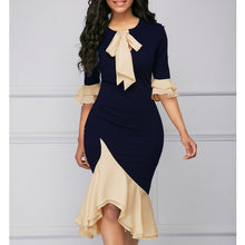 Load image into Gallery viewer, 2018 New Arrivals Solid Beige Patchwork Half Sleeve Bow Neck Spring Casual Women Trumpet Dress Elegant Women Dating Wear Dress