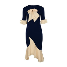 Load image into Gallery viewer, 2018 New Arrivals Solid Beige Patchwork Half Sleeve Bow Neck Spring Casual Women Trumpet Dress Elegant Women Dating Wear Dress