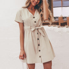 Load image into Gallery viewer, Summer Women Button Dress V-neck Short-sleeved Casual Tie Mini Dresses Naturla Waist Cotton Elegant Solid Color Western Beige