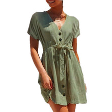 Load image into Gallery viewer, Summer Women Button Dress V-neck Short-sleeved Casual Tie Mini Dresses Naturla Waist Cotton Elegant Solid Color Western Beige