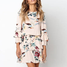 Load image into Gallery viewer, 2019 Beige S Autumn and Winter Fashion Print With Ruffled Round Neck Polyester Long-sleeved Women's Dress