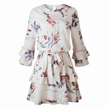 Load image into Gallery viewer, 2019 Beige S Autumn and Winter Fashion Print With Ruffled Round Neck Polyester Long-sleeved Women's Dress